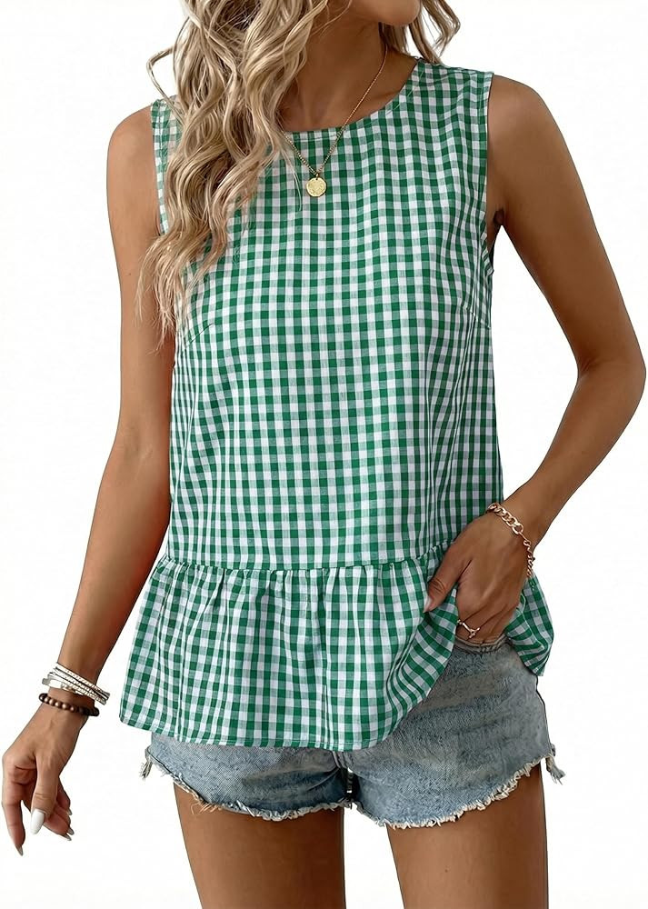 BLENCOT Women Gingham Sleeveless Shirts Ruffle Round Neck Peplum Tank Tops Business Casual Dressy... | Amazon (US)