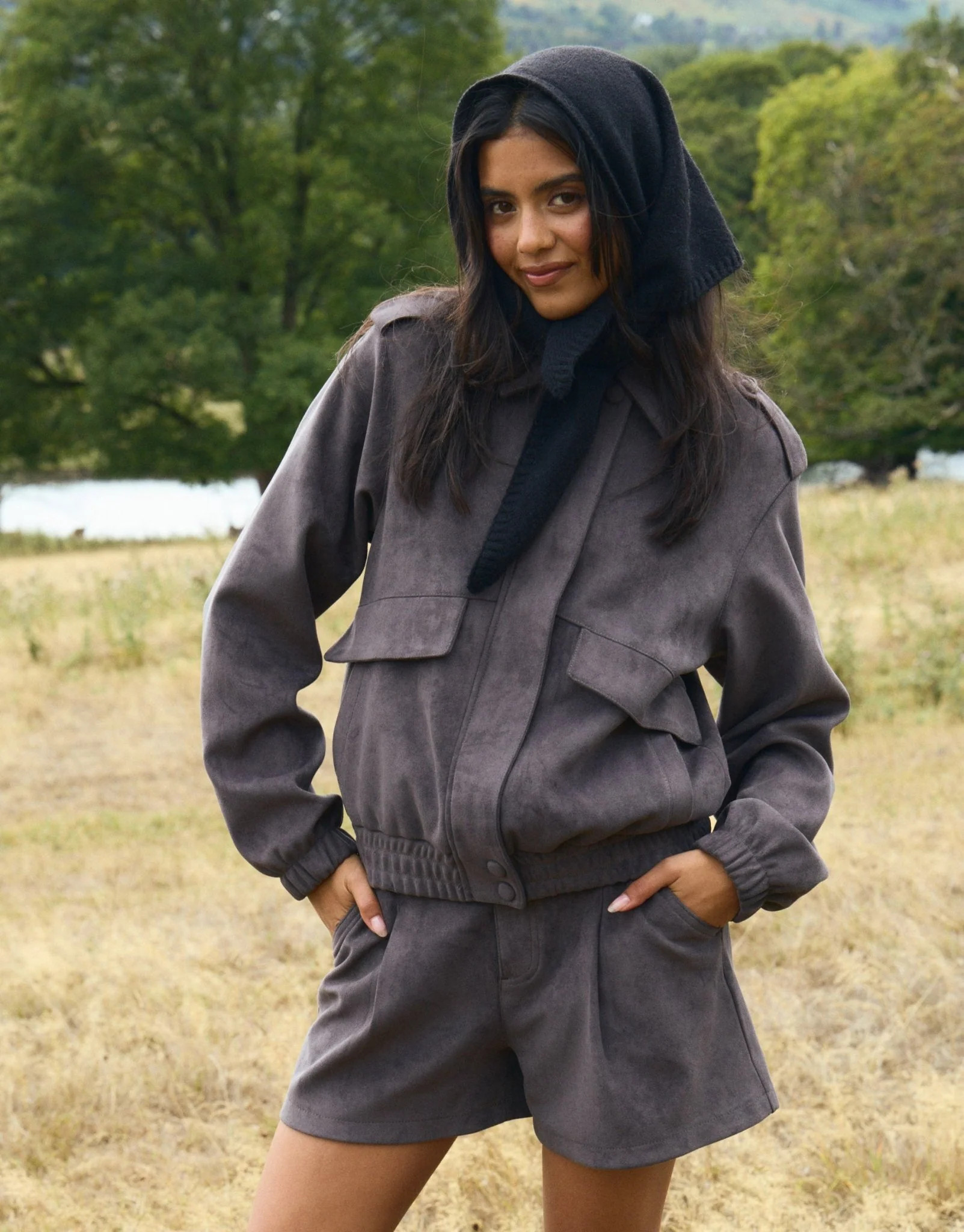 Faux Suede Tailored Shorts in Charcoal Grey | Threadbare UK
