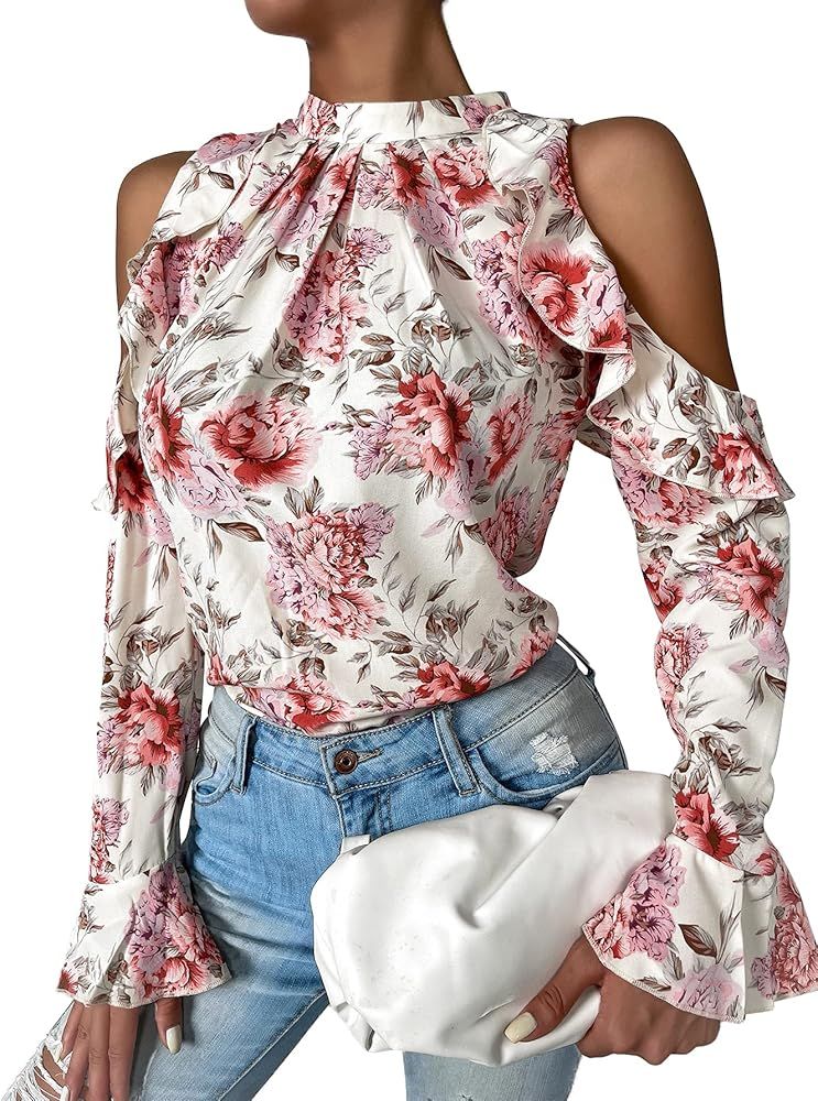 WDIRARA Women's Cold Shoulder Floral Print Ruffle Trim Long Sleeve Casual Top Blouse | Amazon (US)