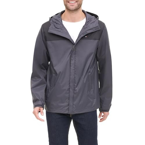 Tommy Hilfiger Men's Lightweight Breathable Waterproof Hooded Jacket Raincoat, Medium Grey/Black, X-Small | Amazon (US)