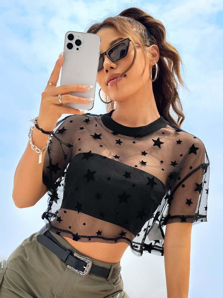 SHEIN EZwear Summer Star Print Sheer Mesh Crop Top Without Tube Top | SHEIN