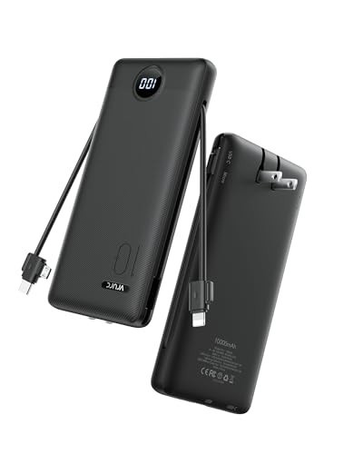 VRURC Portable Charger with Wall Plug, 10000mAh Slim Portable Charger Built in Cables,PD 20W Fast Charging Power Bank with Cords,USB C Portable Phone Charger Travel Accessories -Black(1 Pack) | Amazon (US)