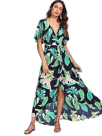 Milumia Women's Boho Deep V Neck Floral Chiffon Wrap Split Long Maxi Dress | Amazon (US)