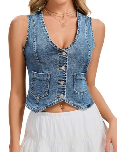 Genhoo Denim Vest Sleeveless Jean Vest Top for Women V Neck Button Down Cropped Denim Top with Po... | Amazon (US)