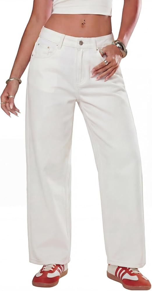 Women's 100% Cotton Denim Jeans Straight Wide Leg Jeans Relaxed Fit Rigid Denim Retro 90s Baggy B... | Amazon (US)