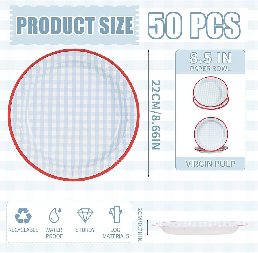 50 Pack Disposable Paper Plates, 8.5 Inch Blue Gingham Paper Plates Disposable Plaid Decorative D... | Amazon (US)