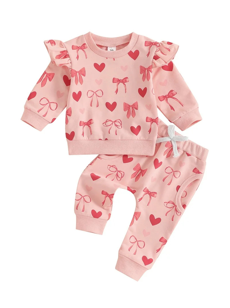 Toddler Baby Girl Valentines Day Outfit Bow Heart Print Ruffle Long Sleeve Sweatshirts Tops and P... | Walmart (US)