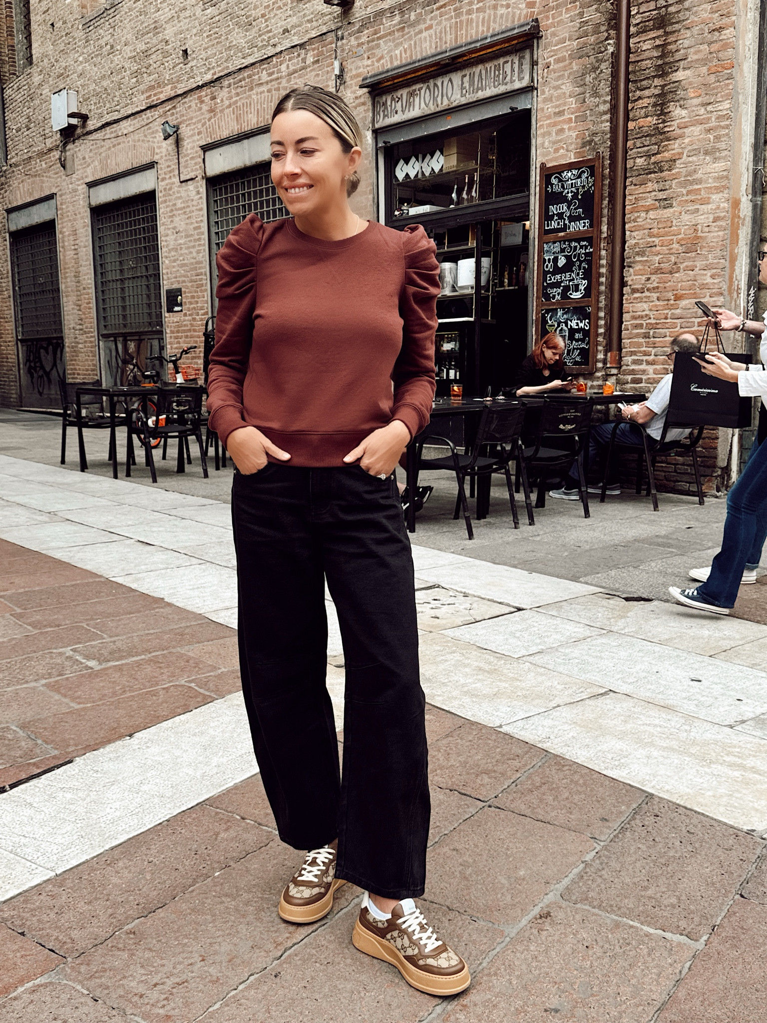 I wore this outfit yesterday for our last day in Italy. 🇮🇹 I love the ruched shoulder on this sweatshirt. 

#LTKStyleTip #LTKFindsUnder100 #LTKOver40