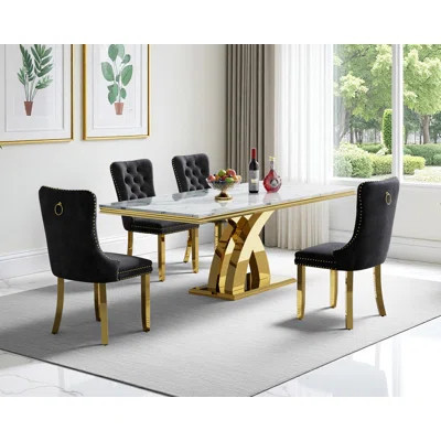Modern 70" Faux Marble Dining Table Set , White Marble Dining Table with Velvet Dining Chairs, Dining Room Table and Chairs Set, Luxury Dining Table S | Wayfair North America