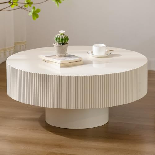 Round Drum Coffee Table White Round Fluted Coffee Table Wood Circle Coffee Tables Circular Pedestal Coffee Tables Industrial Center Table for Farmhouse Living Room (White, 30.9*30.9*13.8") | Amazon (US)
