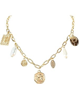 Gold Charm Necklace for Women Charm Necklace Boho Gold Vintage Pearl Head Portrait Square Pendant... | Amazon (US)