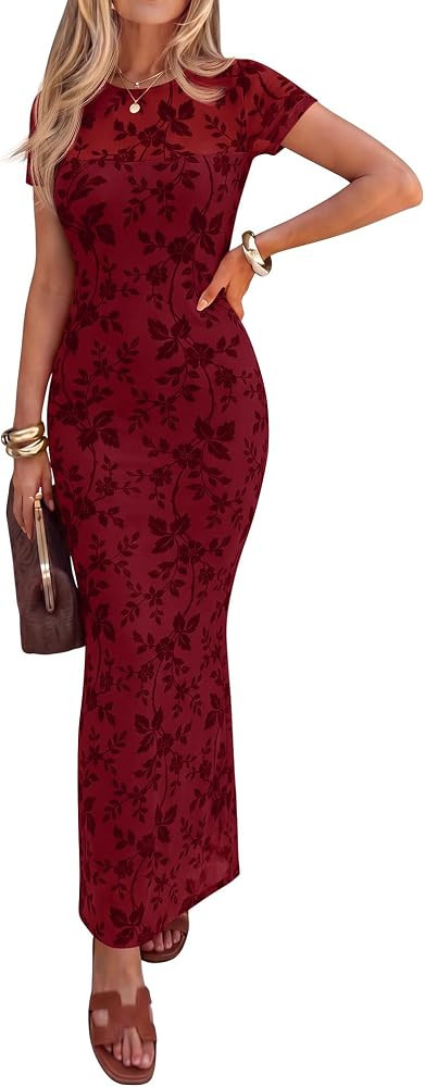 Caracilia Women's Wedding Guest Dress,Double Lined Soft Floral Mesh Maxi Dress,Short Sleeve Bodyc... | Amazon (US)
