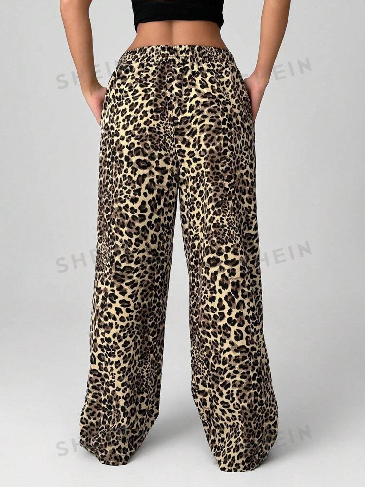 SHEIN EZwear Leopard Print Woven Wide-Leg Streetwear Pants For Women | SHEIN