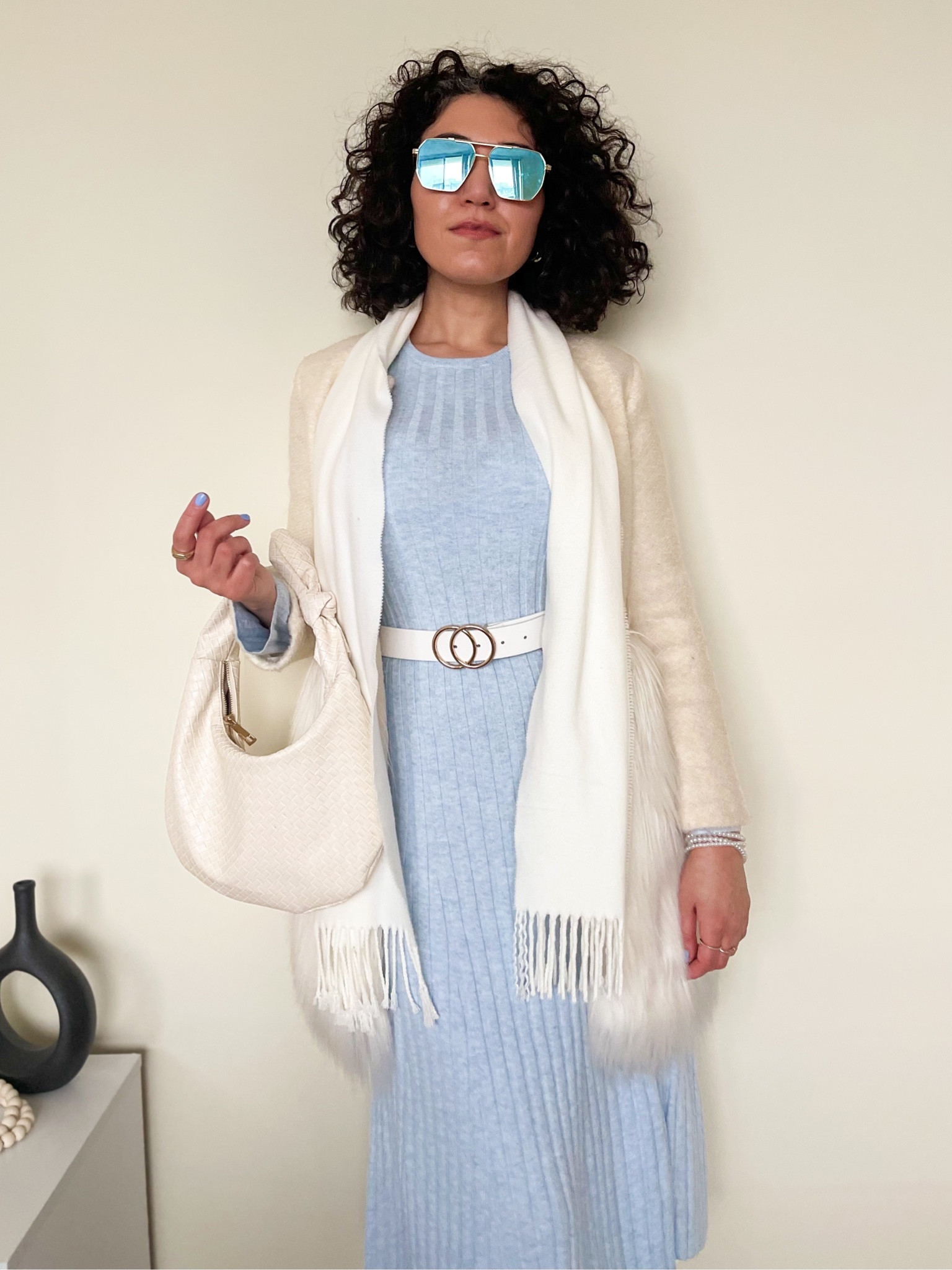 Winter outfit, sweater dress, sunglasses, boots, white bag, scarf, faux fur coat 

#LTKstyletip