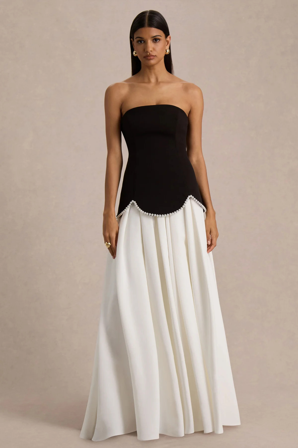 Wendy  Black And White Maxi Dress With Drop-Waist And Pearl Embellishment | Club L London
