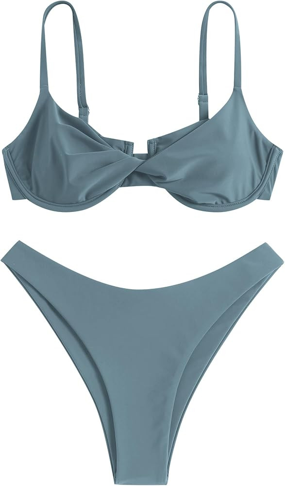 ZAFUL Women's Twist Front Bikini Sets Underwire Tie Back Bikini High Waisted Two Piece Swimsuit | Amazon (US)