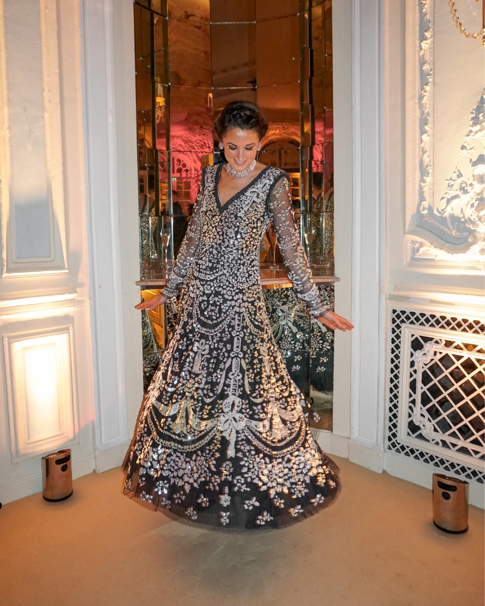 Full sparkles for the Cartier x Conde Nast Traveller Diwali party at The Savoy in London. Black tulle ankle length dress / gown with a v-neck; embellished with silver sequins. It has long sleeves too. Worn with diamond and pearl choker and earrings by Tallin Jewels in Jaipur - I've found similar U.K. options here for you! 

#LTKHoliday #LTKparties #LTKeurope