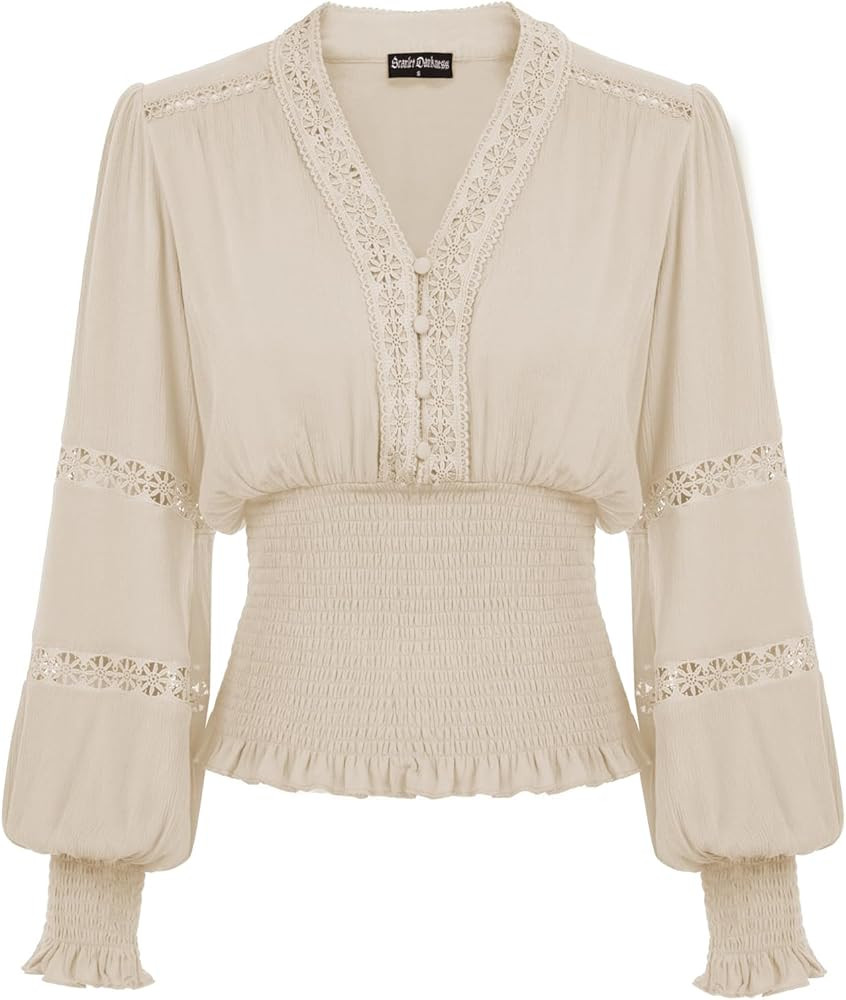 Scarlet Darkness Women's Renaissance Peasant Blouse V Neck Lantern Sleeve Lace Smocked Tops | Amazon (US)