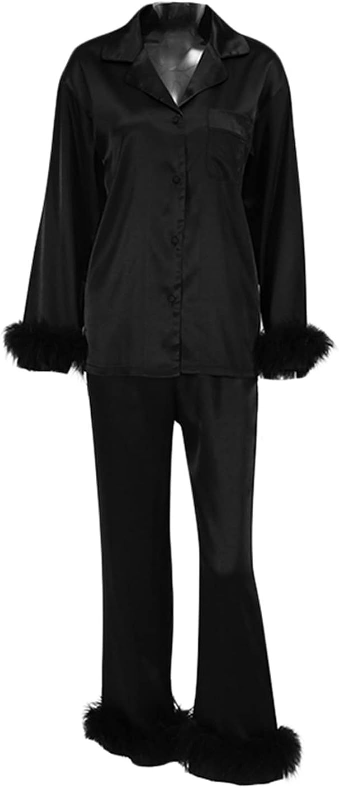 Women´s Cozy Feather Pajamas Set Button Down Long Sleeve Silk Satin Sleepwear Bridal Loungewear ... | Amazon (UK)