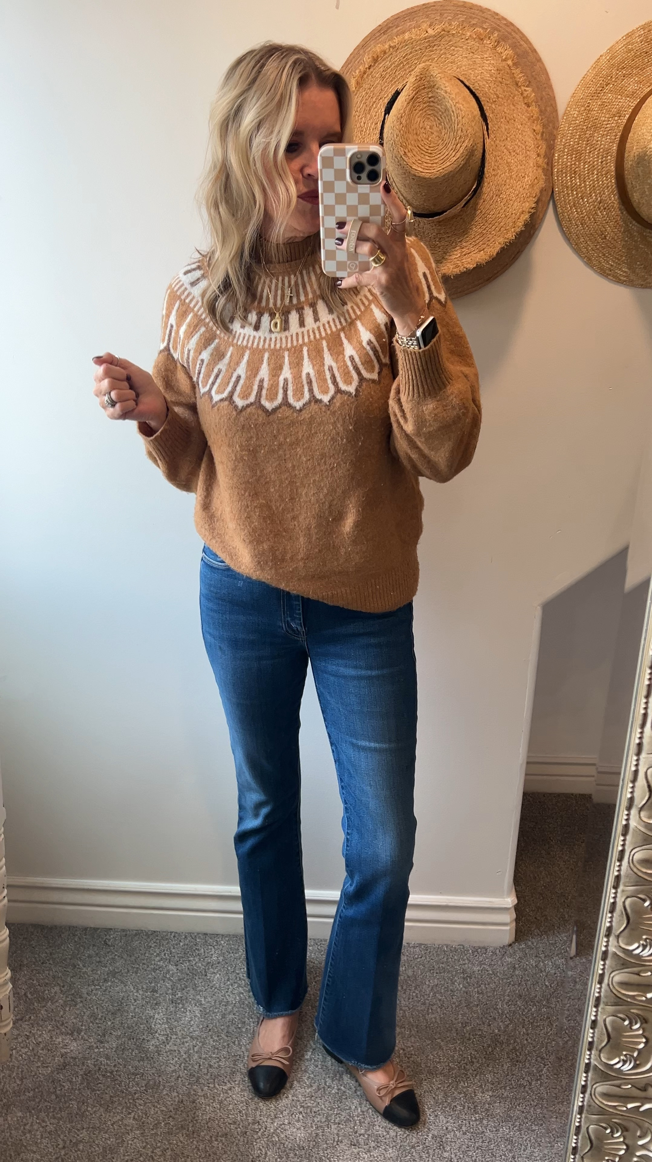🚨 40% off Sweater with extra 15% off
Fair isle sweater

fall outfit inspo

mothers denim straight leg with frayed hem  fits tts and do flattering wearing size 27 fits true to size premium denim and worth it

cap toe  ballet flats Steve madden and jcrew are the same fit tts JCrew on sale 

Puff initial rhinestone necklace 
Great gift idea

Kendra Scott cross necklace

Chicos hoops 

Wore with leather jacket 
And Amazon suede tote 


#LTKVideo #LTKFindsUnder50 #LTKSaleAlert