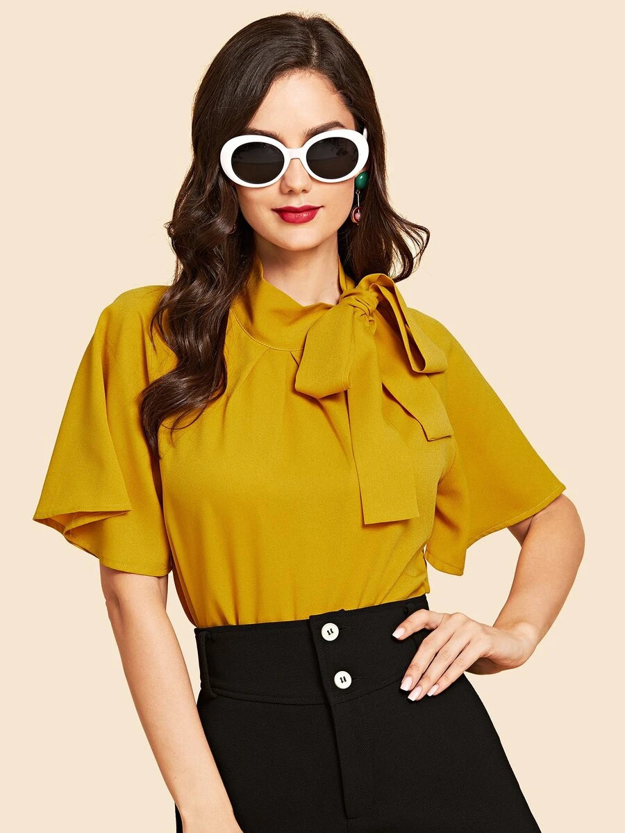 SHEIN Flutter Sleeve Tie Neck Blouse | SHEIN