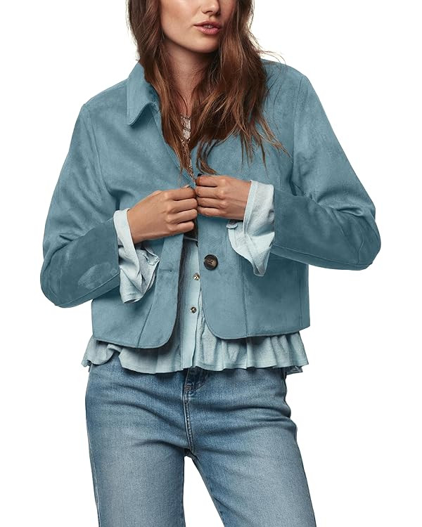 Womens Faux Suede Bomber Jacket Fall Long Sleeve Lapel Button Down Jackets Trendy Going Out Casua... | Amazon (US)