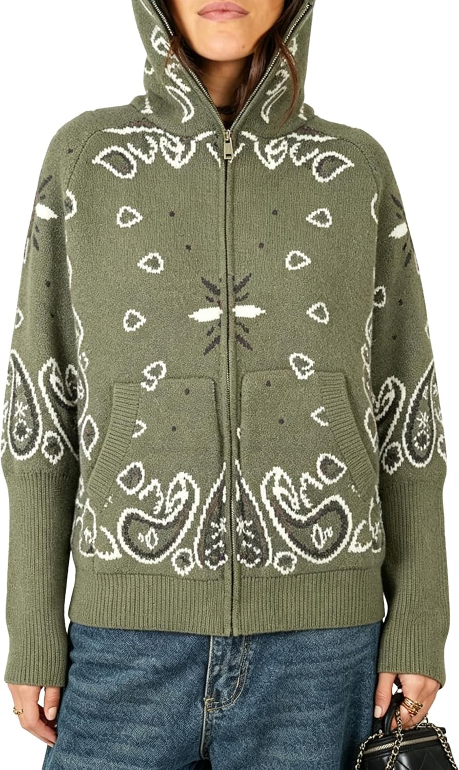 Yeokou Women Paisley Bandana Print Sweater Zip Up Knit Cardigan Jacket | Amazon (US)