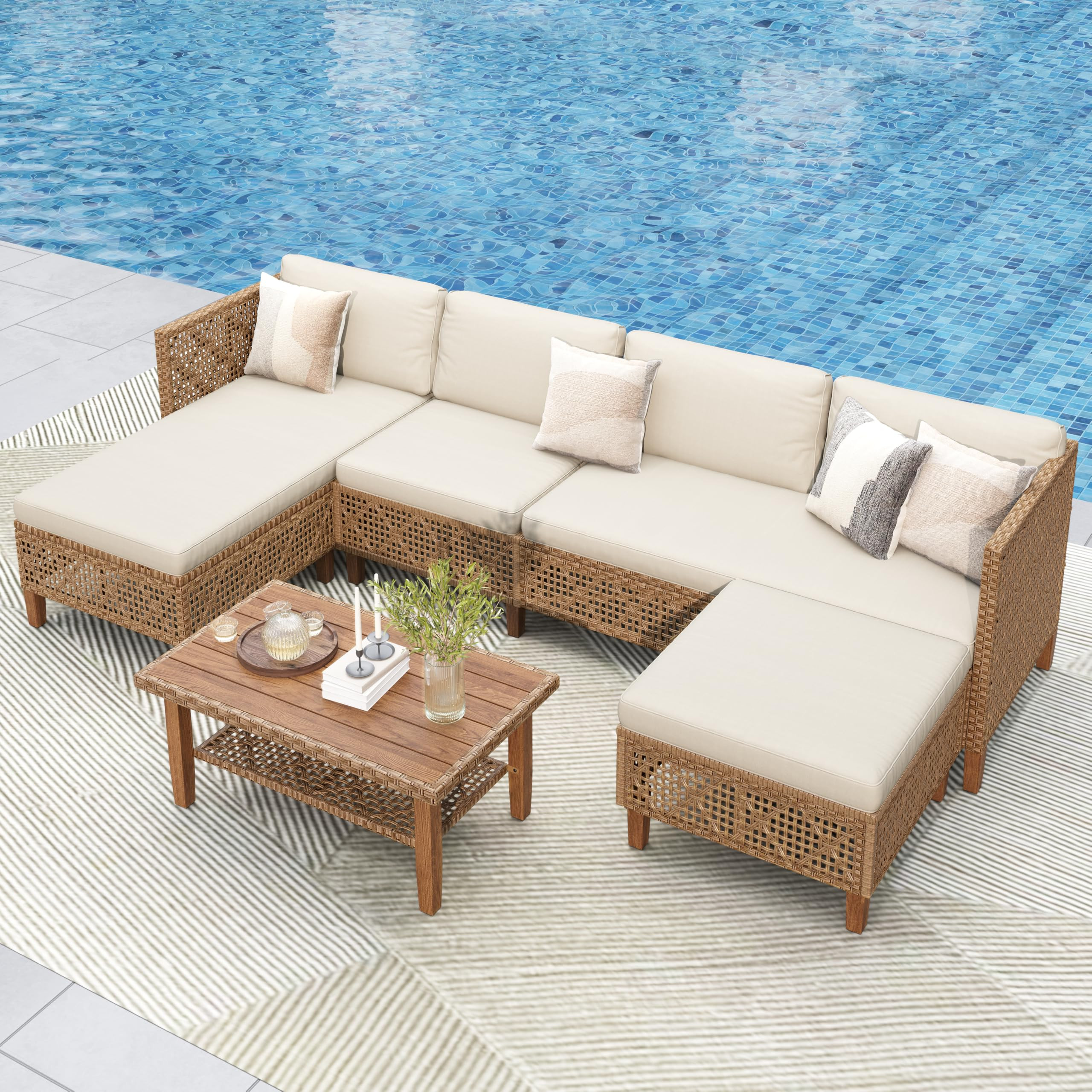 PHI VILLA Wicker Patio Furniture Set, Outdoor Sectional Couch with Cushions and Acacia Wood Coffe... | Amazon (US)