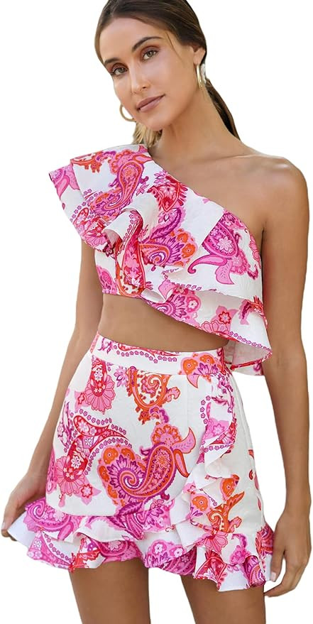 Floerns Women's 2 Piece Outfit One Shoulder Crop Top with Ruffle Trim Skirt Set | Amazon (US)