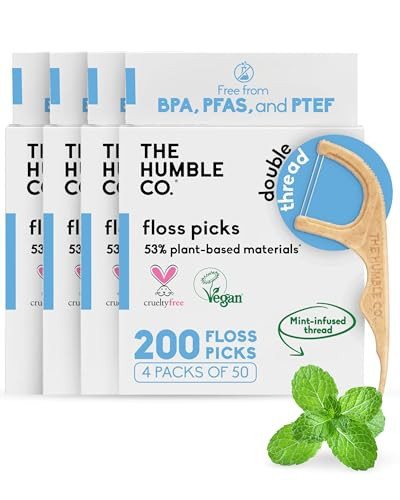 The Humble Co Dental Floss Picks for Teeth, 200 Count (Mint) - Double Thread Tooth Picks Flossers for Adults Gum Health - Toothpick Floss for Interdental Oral Care & Hygiene | Amazon (US)