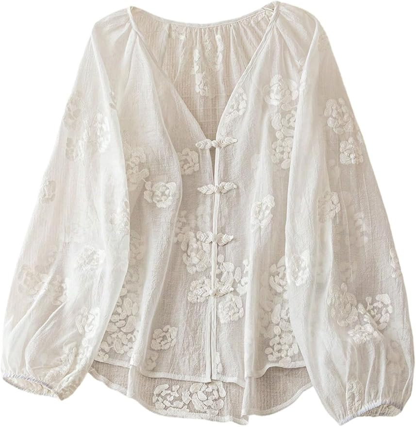 GORGLITTER Women's Boho Peasant Blouses Floral Embroidered Tops Summer Sheer Tie Front Flowy Long... | Amazon (US)