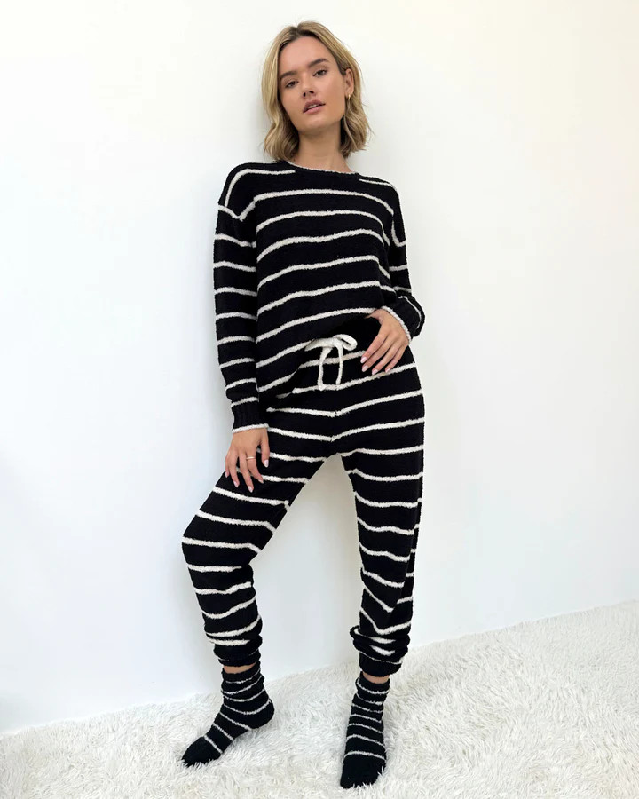 Black and Oat Stripe Fuzzy Sweater PJ Set | Splendid