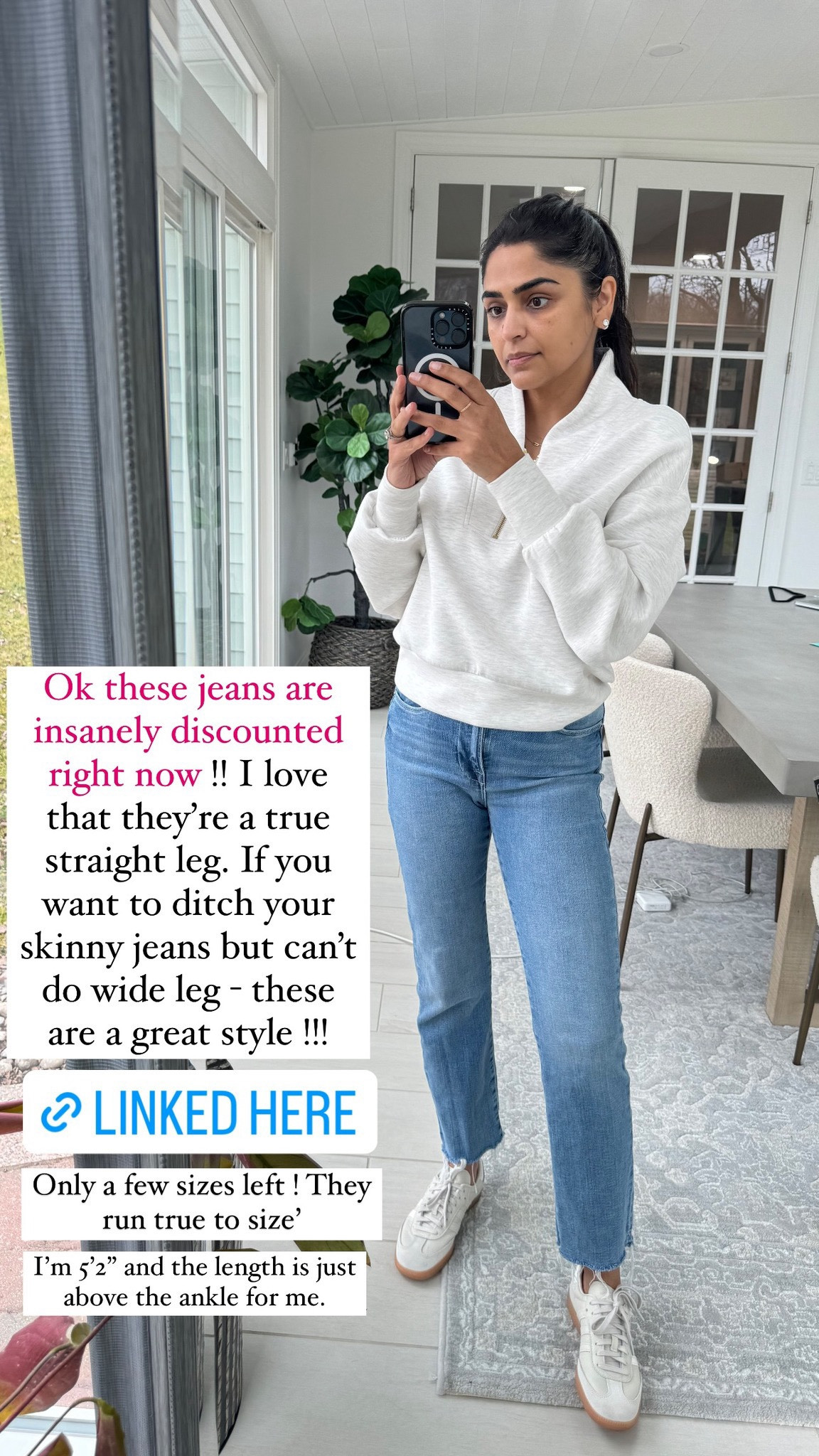 Love these straight jeans ! Perfect spring denim! And this sweatshirt is INCREDIBLE material. I  have it in so many colors. Wearing size XS IN IT. My sambas are super comfy as well !