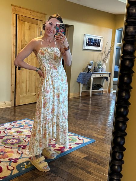 free people maxi dress perfect for summer! lightweight / floral pattern dress! 
wearing size small
Sandals are Prada / linking similar below (true to size)

#LTKStyleTip #LTKFindsUnder100 #LTKShoeCrush