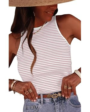Women's Stripe Ribbed Knit Tank Tops Summer Casual Slim Fit Sleeveless Tops for Daily Wear | Amazon (US)