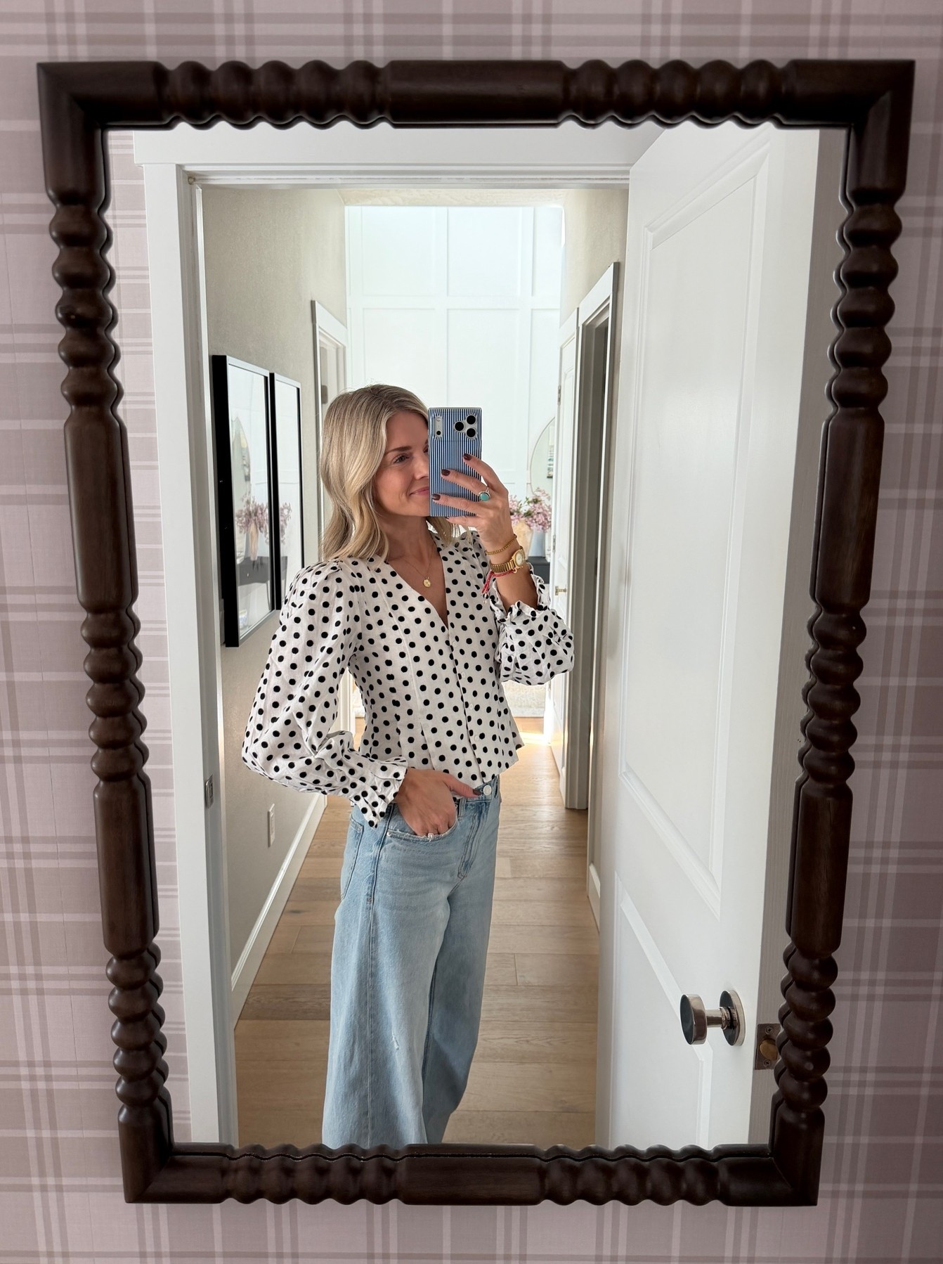 The most flattering polka dot top! I sized down to a 2. Obsessed with this denim, and I’m wearing my normal size 25.

#LTKgrwm #LTKmomlife #LTKOver40