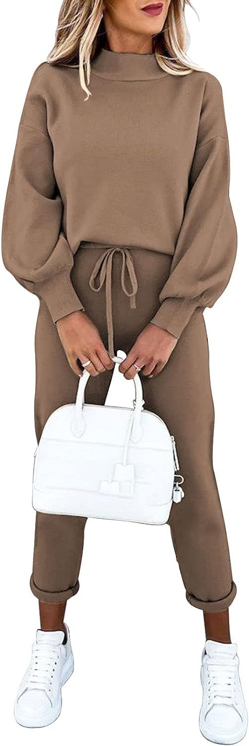 Cutiefox Women's 2 Piece Sweatsuit Outfits Lantern Sleeve Pullover Tops and High Waist Jogger Pan... | Amazon (US)