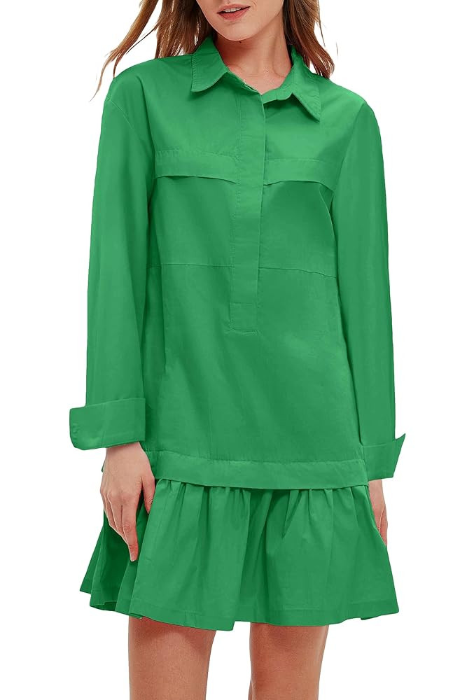 Women's Cotton Drop Waist Ruffle Hem Shirt Dress Long Sleeve Button Down Tunic Dress with Pockets | Amazon (US)