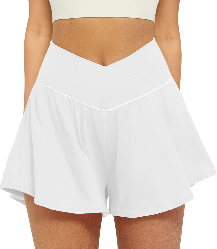 FireSwan Crossover Athletic Shorts for Women 2 in 1 Flowy Running Shorts with Pockets Spandex But... | Amazon (US)
