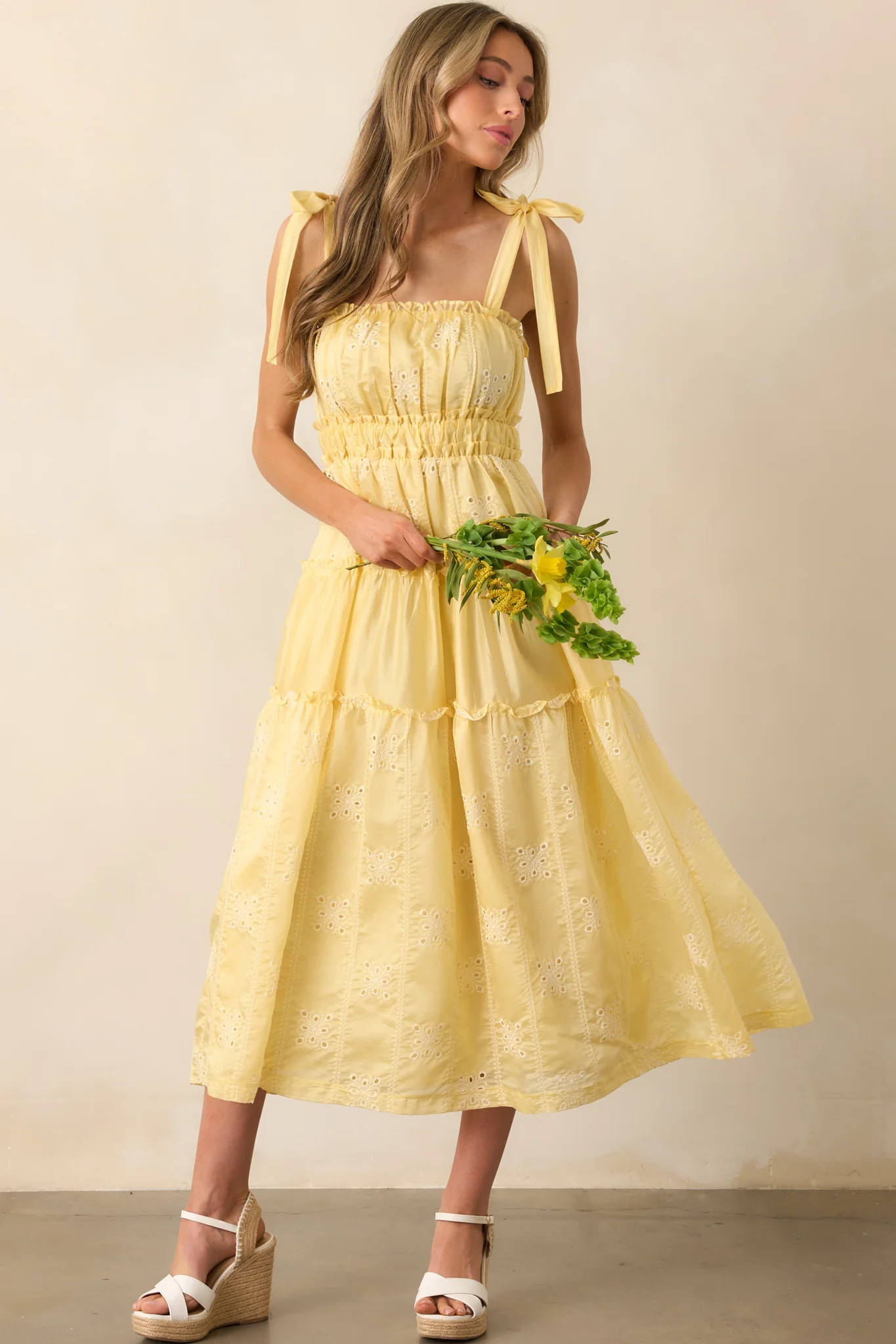 My Happy Place Yellow Embroidered Eyelet Midi Dress | Red Dress