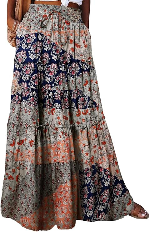 Happy Sailed Womens Floral Print Boho Maxi Skirt Elastic High Waist Pleated Ruffle Flowy Long Ski... | Amazon (US)
