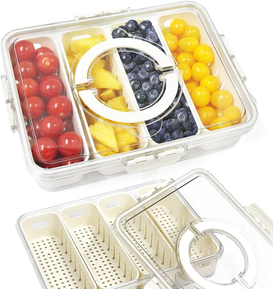 Yuroochii Divided Serving Tray Fresh-keeping Box with Lid&Handle, 4 Compartments Snacks Box, Snac... | Amazon (US)