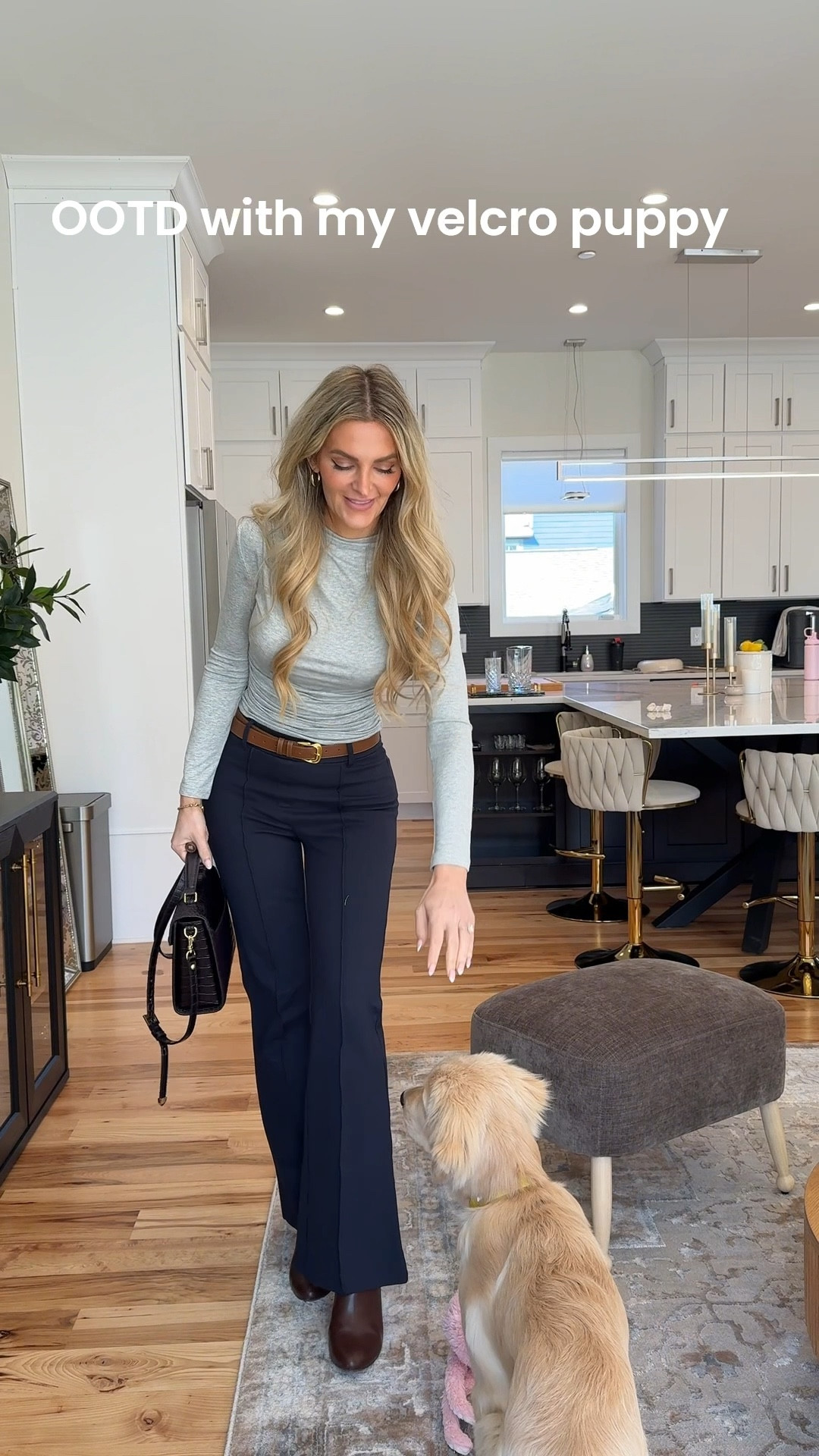 Fall OOTD (perfect for office!) with my golden retriever puppy 🥹

- The top is  Commense in XS (and only $22!)
- Pants are Quince in Small and 32 inseem
- belt is Commense (os)
- boots are Naturalizer 

Golden is Lemon 🍋 


#LTKOver40 #LTKFindsUnder50 #LTKSeasonal