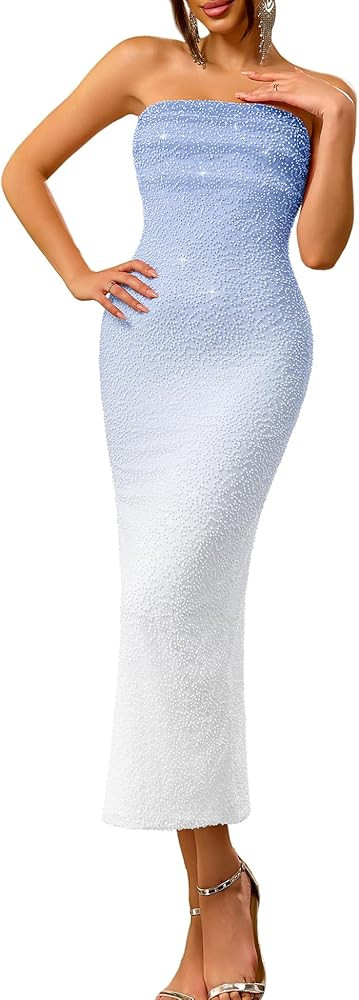 LVNES Women's Beaded Maxi Tube Bodycon Cocktail Dress with Slit Strapless Ruched Club Night Party... | Amazon (US)