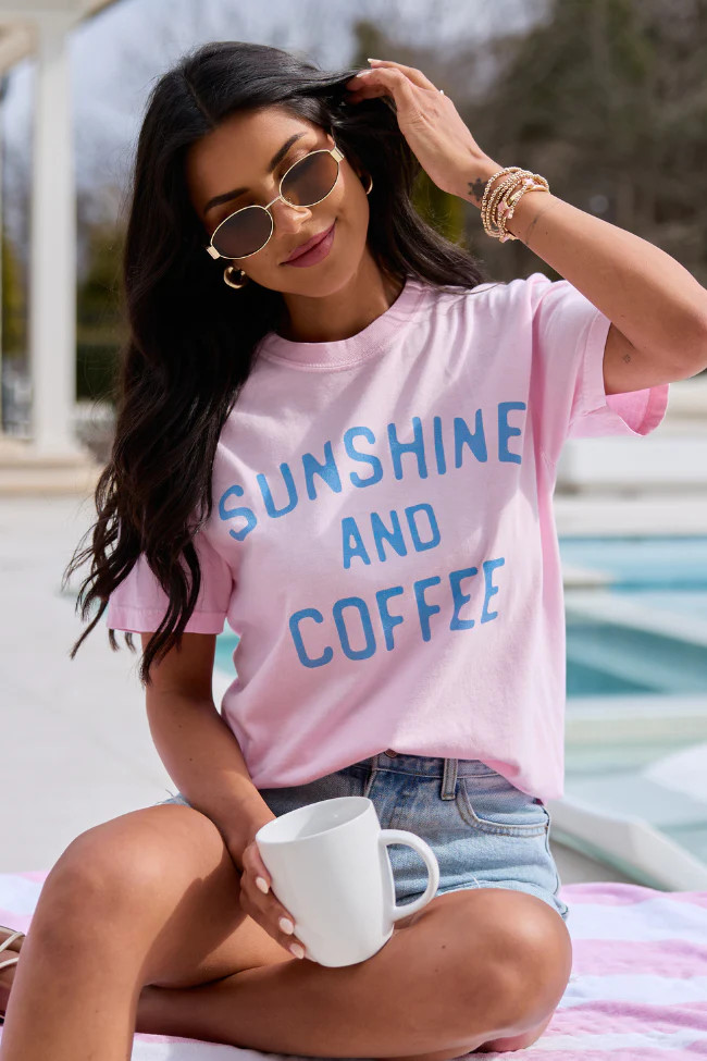 Sunshine And Coffee Light Pink Comfort Colors Graphic Tee SALE | Pink Lily
