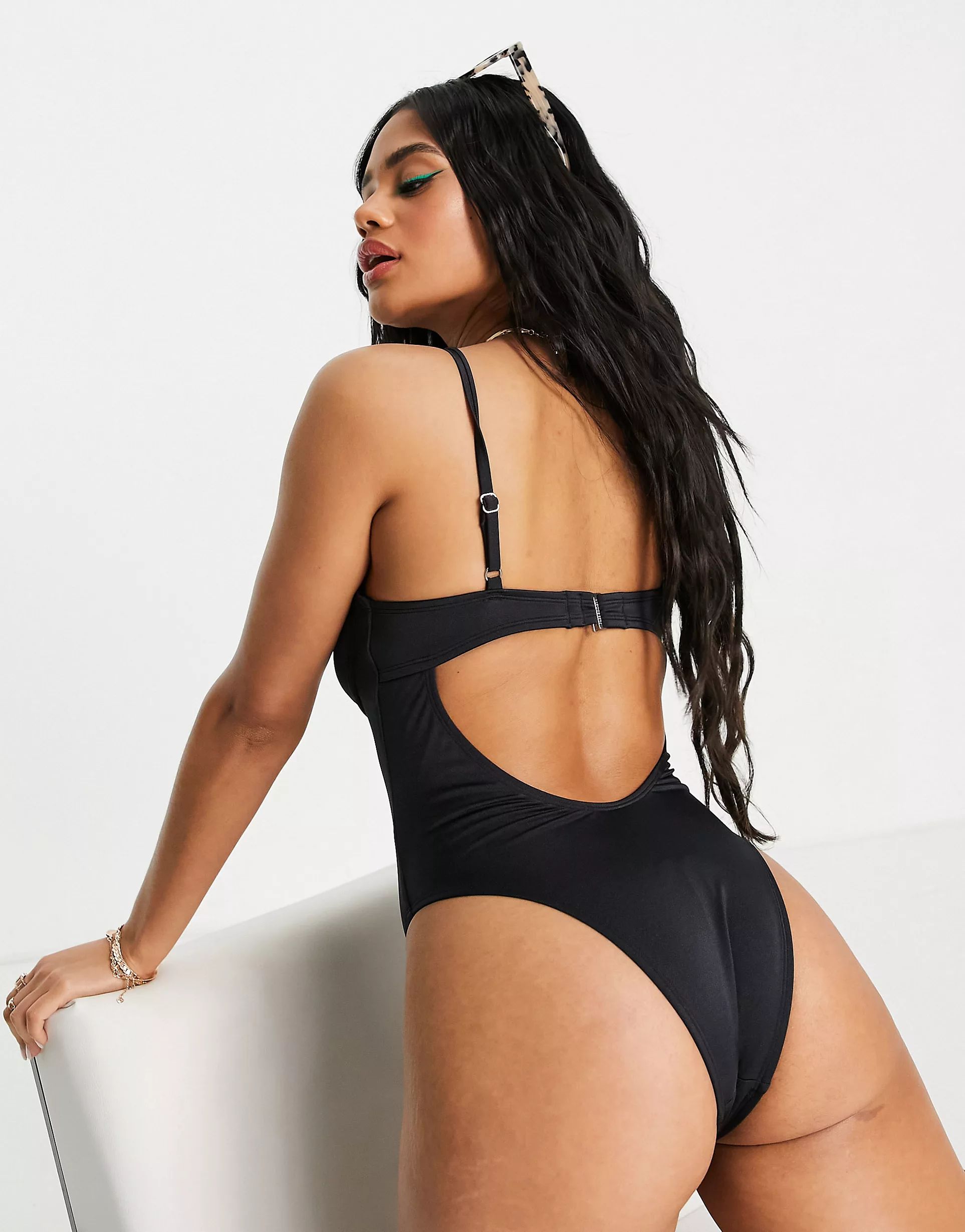 Free Society monowire swimsuit with deep plunge cut out detail in black | ASOS (Global)