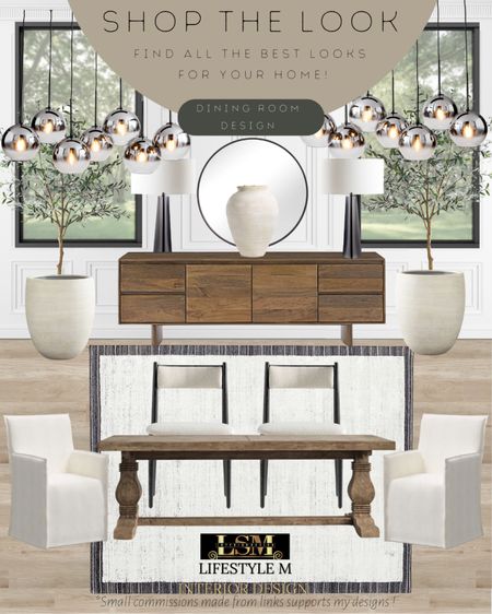 Modern farmhouse dining room idea. Recreate the look with these home furniture and decor finds! Wood dining table, upholstered dining chair, modern rug, wood console table credenza, black table lamp, ceramic vase, round mirror, ceramic tree planter pot, realistic fake tree, modern dining room glass chandelier.

#LTKFind #LTKhome #LTKstyletip