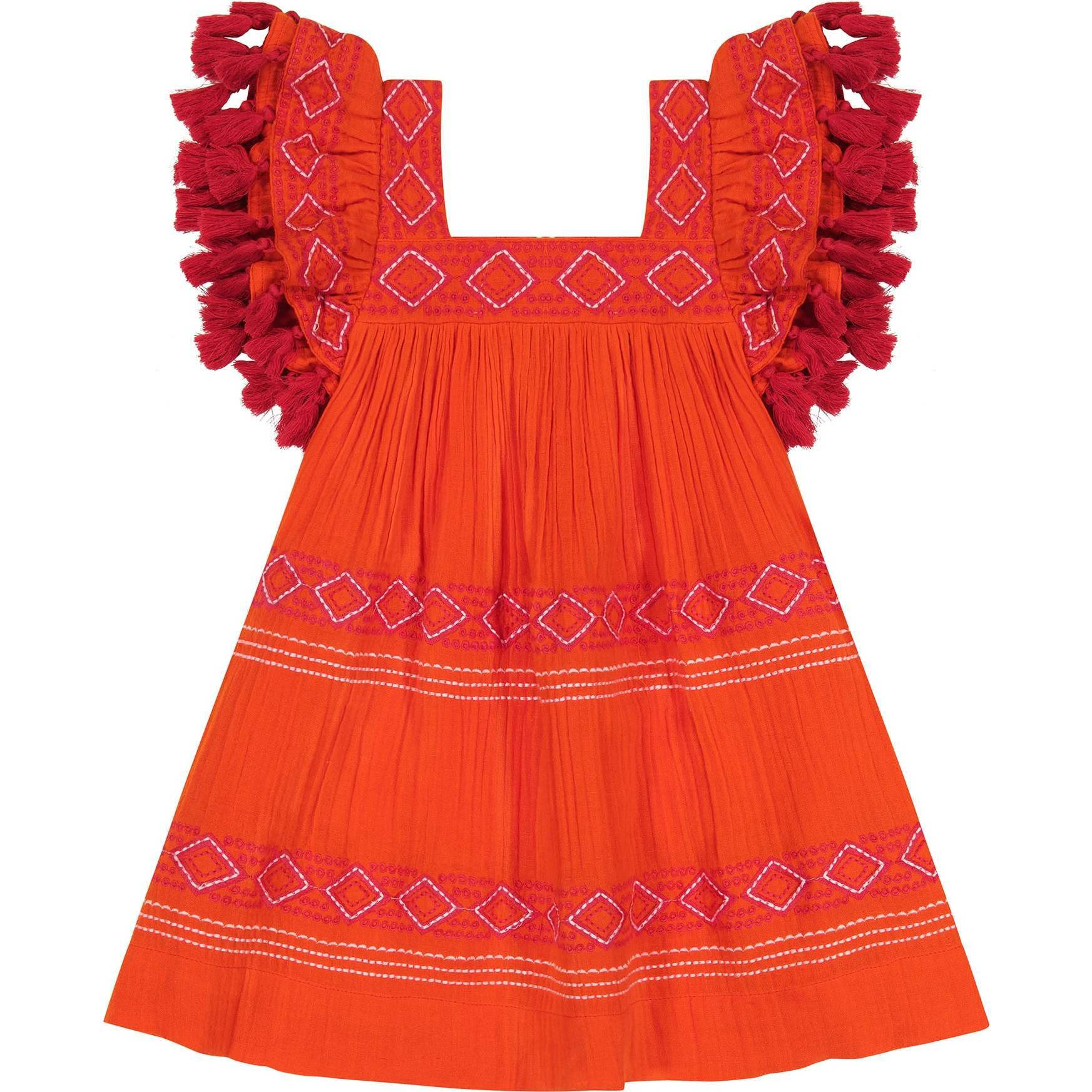Serena Tassel Embroidered Double Flutter Sleeve Dress, Poppy | Maisonette