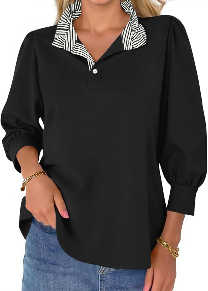 Amazon.com: Womens 3/4 Length Puff Sleeve Tops Dressy Casual Ruffle V Neck Blouses Color Block Lo... | Amazon (US)