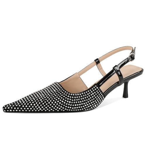 Mettesally Women's Low Heels Pumps Slingback Pointed Toe Glitter Rhinestone Heels Kitten Pumps Evening Shoes 2 Inches Black US Size 7 | Amazon (US)